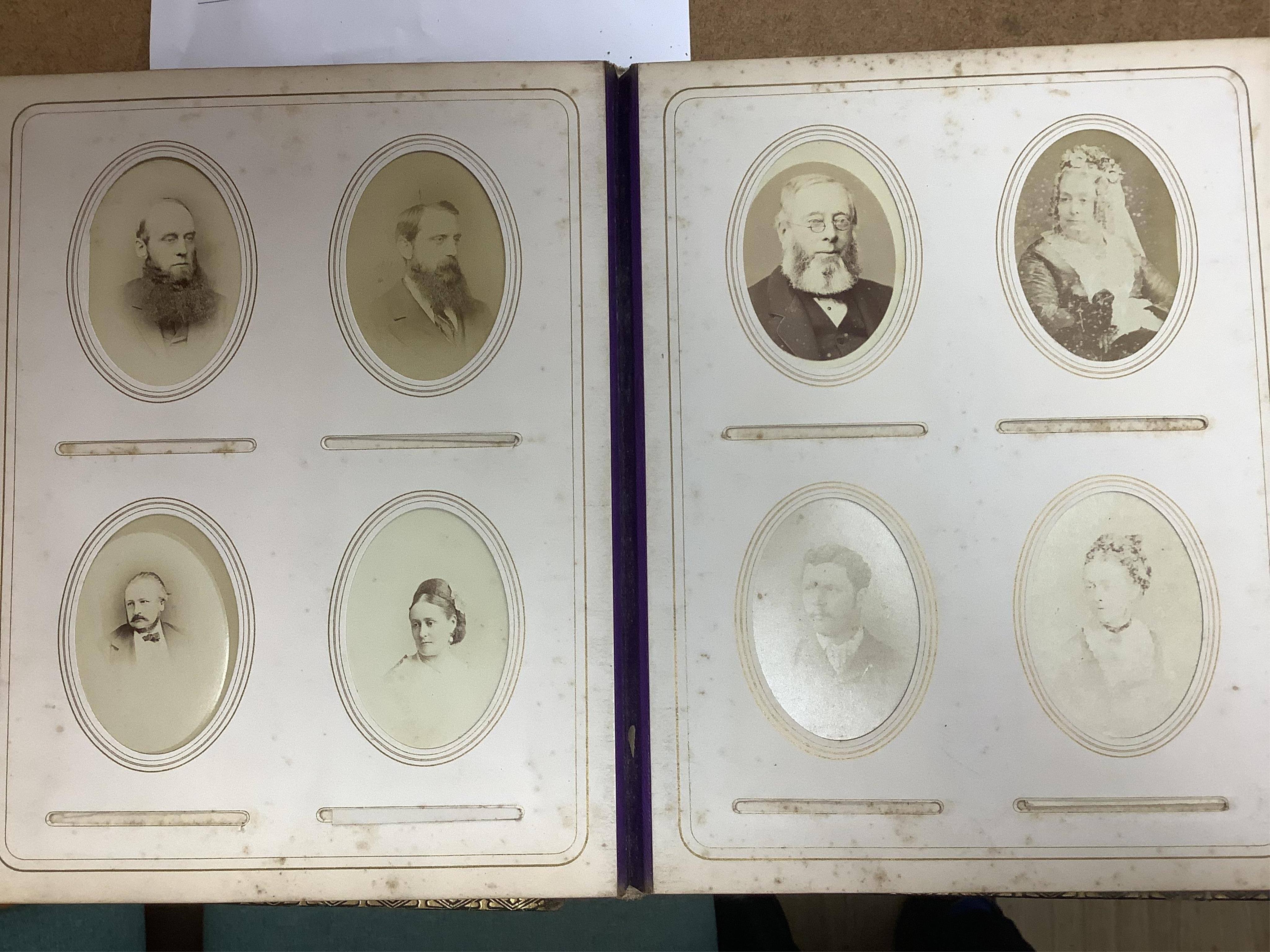 A Victorian malachite mounted amboyna family photograph album, 23cm x 30cm